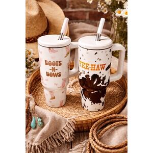 Boot Barn Ranch Western Tumbler Set Boots -N- Bows & Cow Print Yee-Haw 2pc 40oz